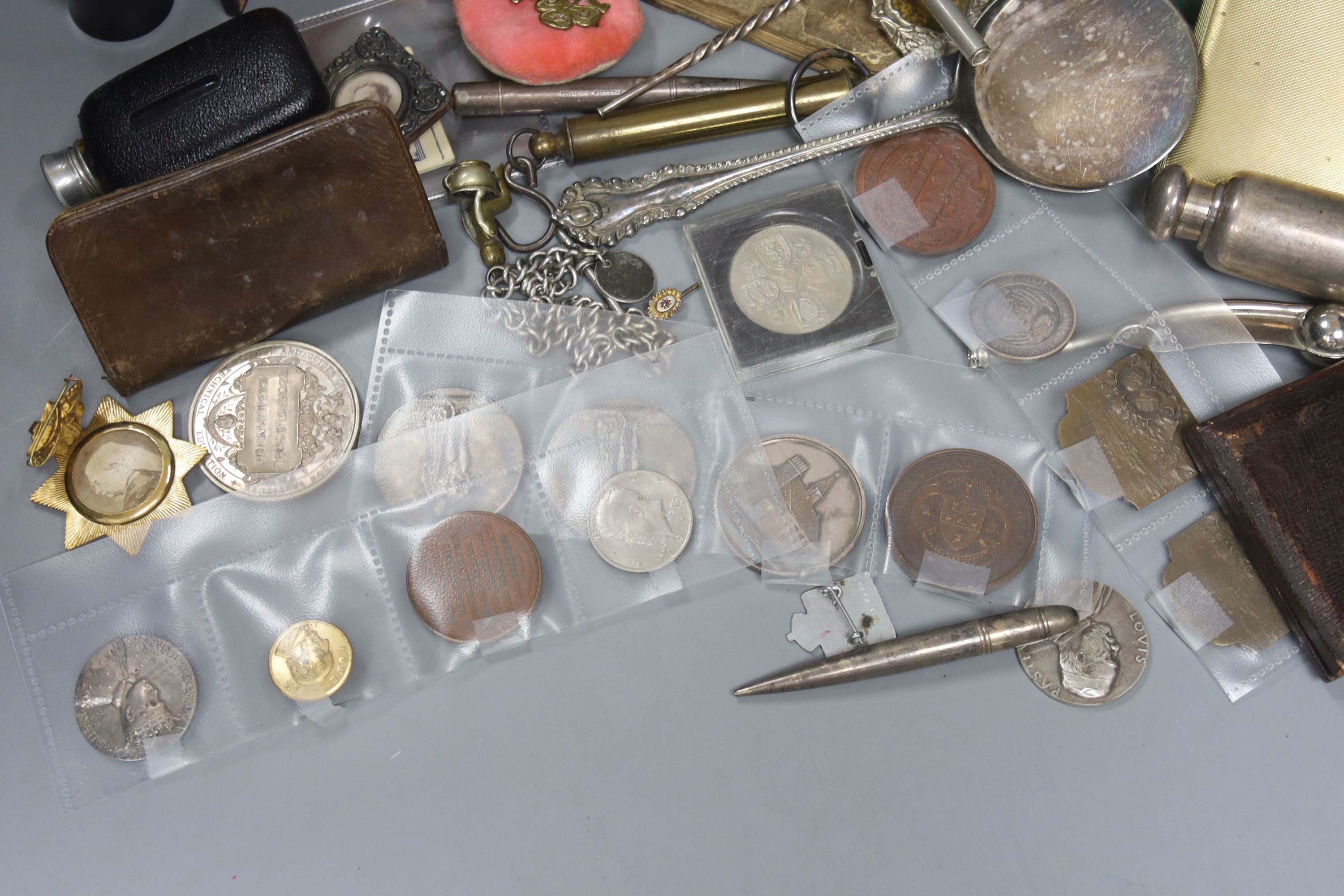 A box of objects of vertu, portrait miniature, coins and medals